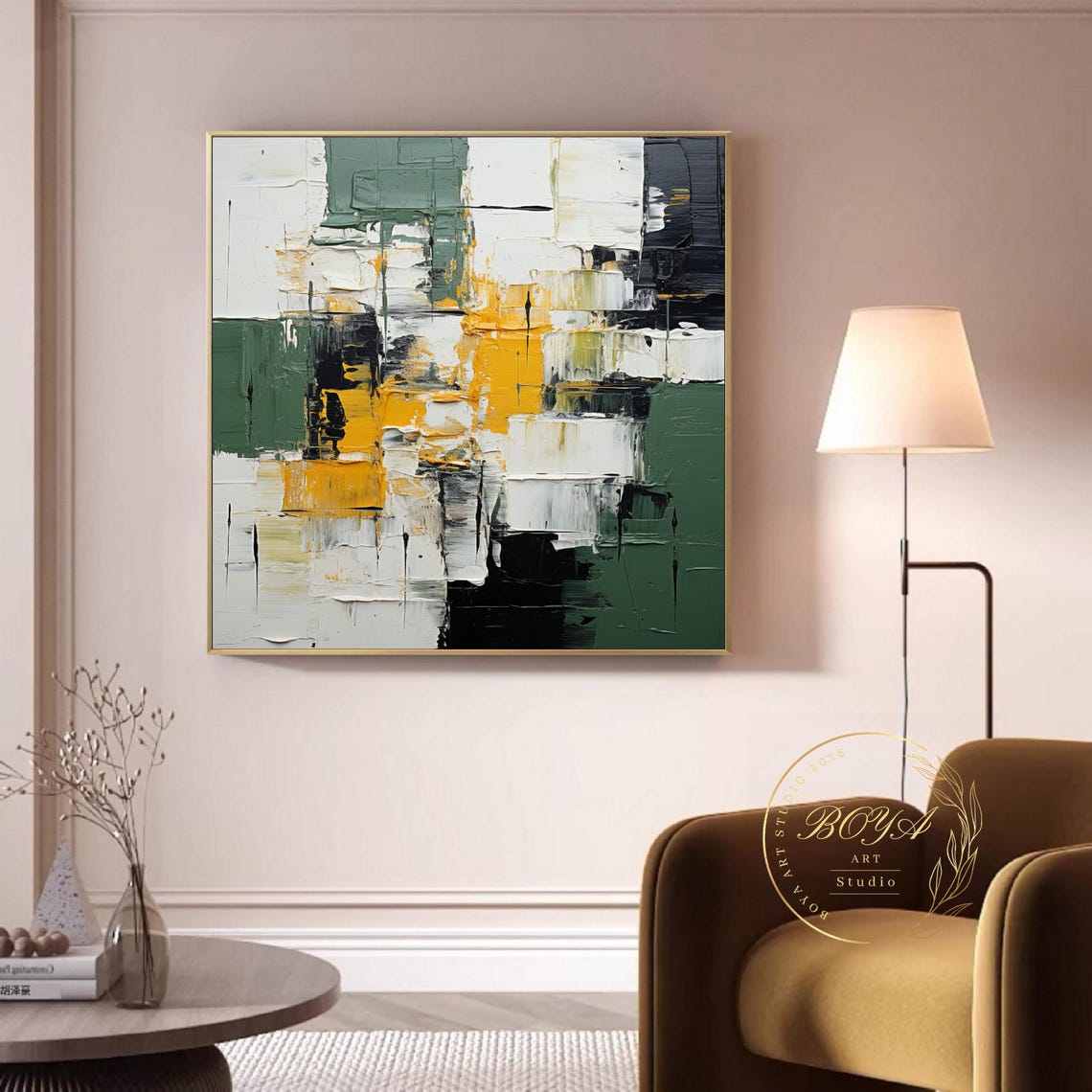 Bold Green Black Yellow White Blocks Minimalist Abstract Poster - Image 3