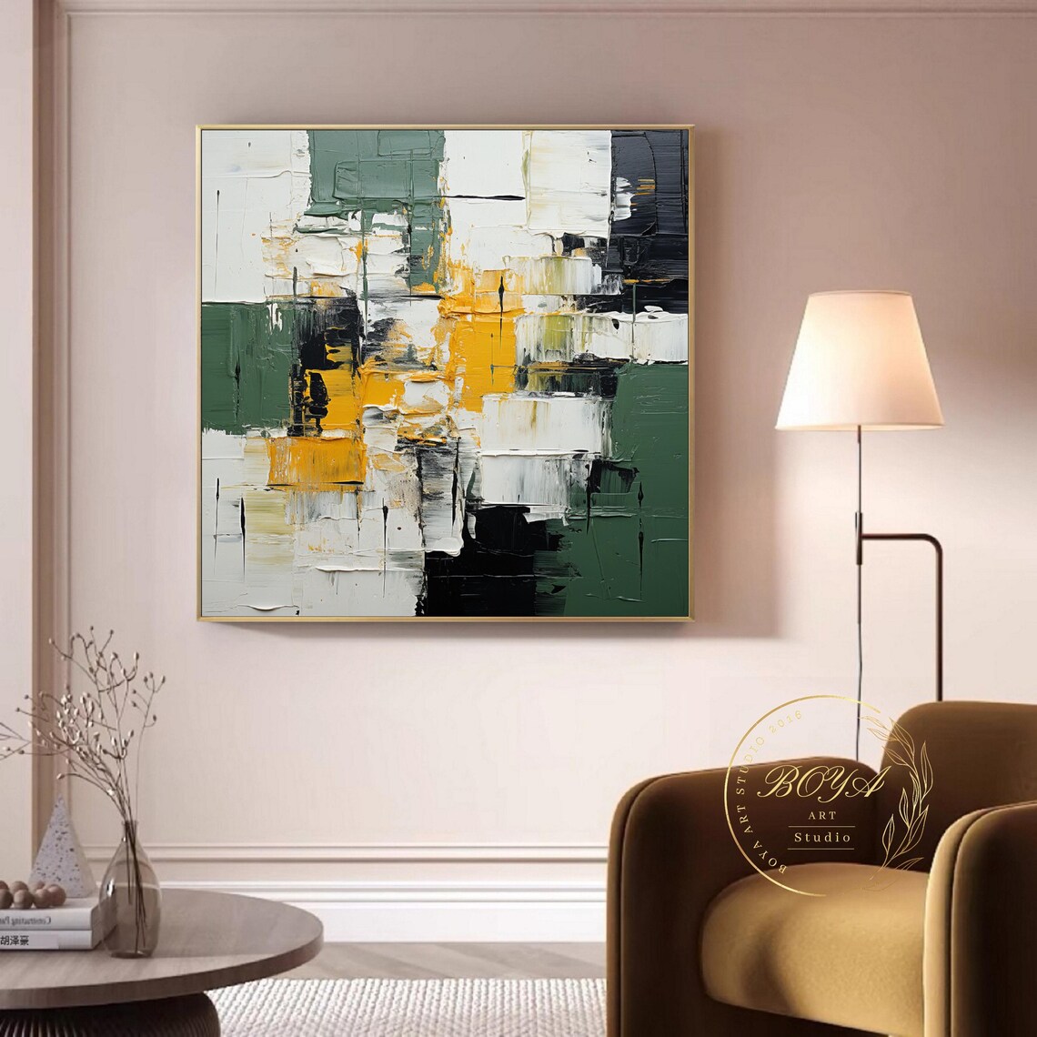 Large Green Textured Art Green Abstract Painting Minimalism Black White Abstract Art Yellow Textured Painting Original Modern Wall Painting - Image 3