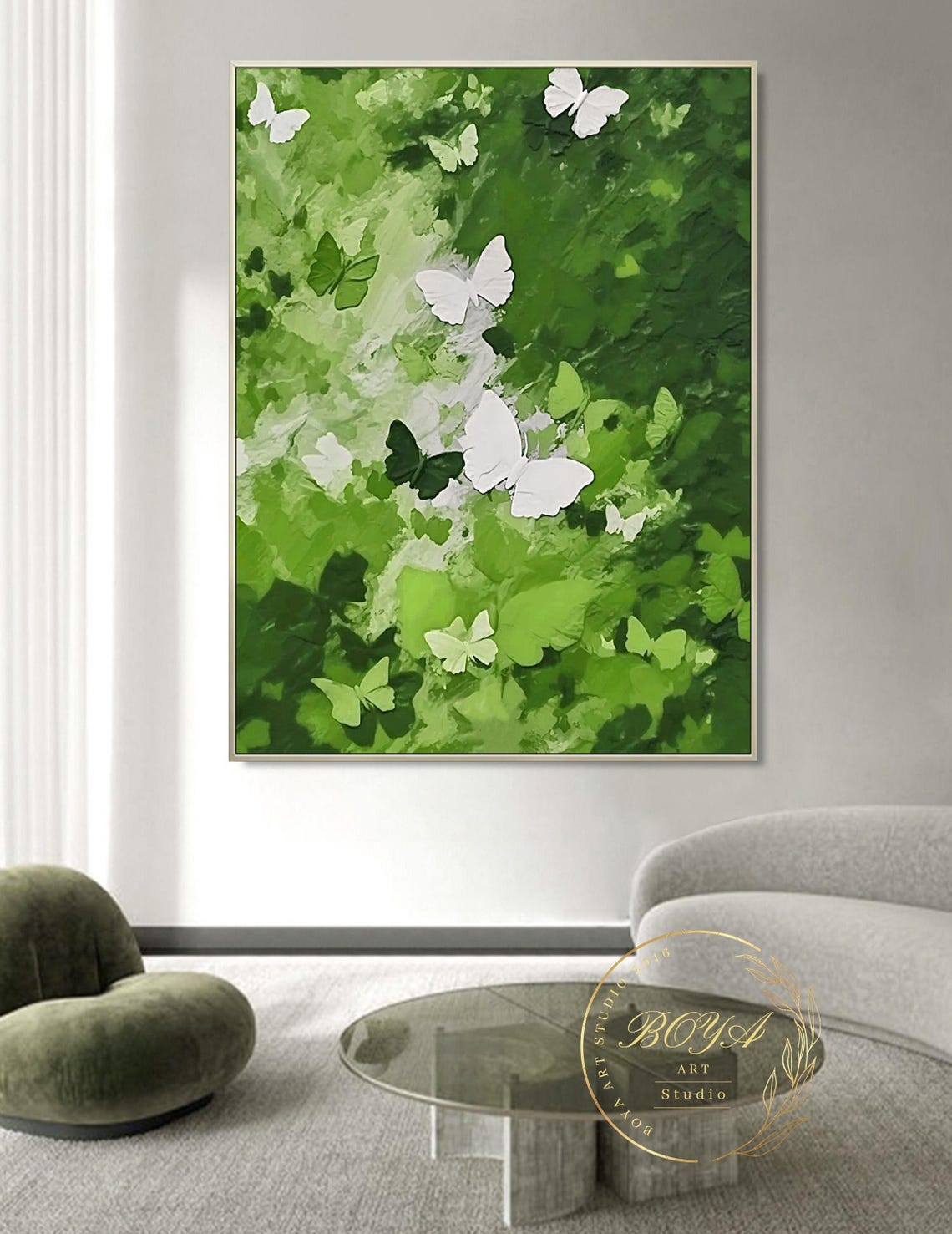 White Butterflies Over Green Foliage Abstract Art Painting Poster - Image 4