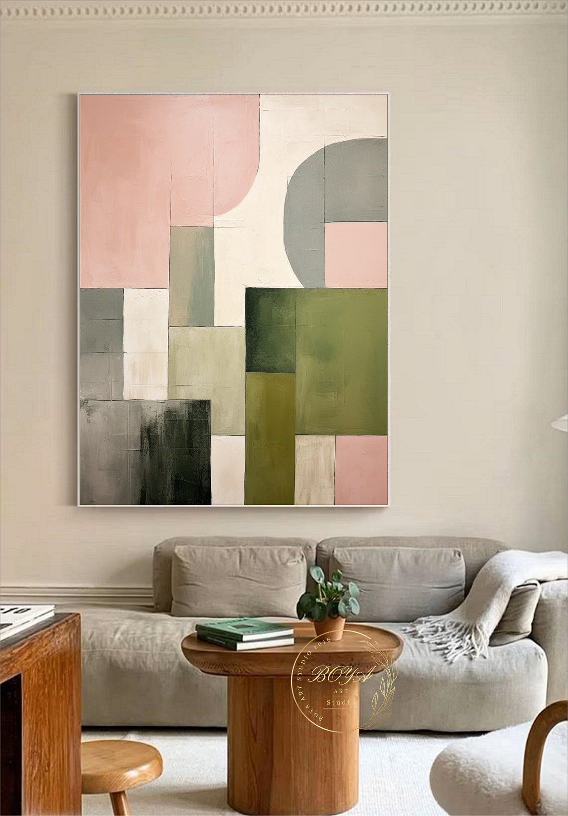 Original Pink Abstract Painting Green Wall Painting Large Beige Oil Painting Green Textured Art Geometric Abstract Art Minimalist Wall Art - Image 5