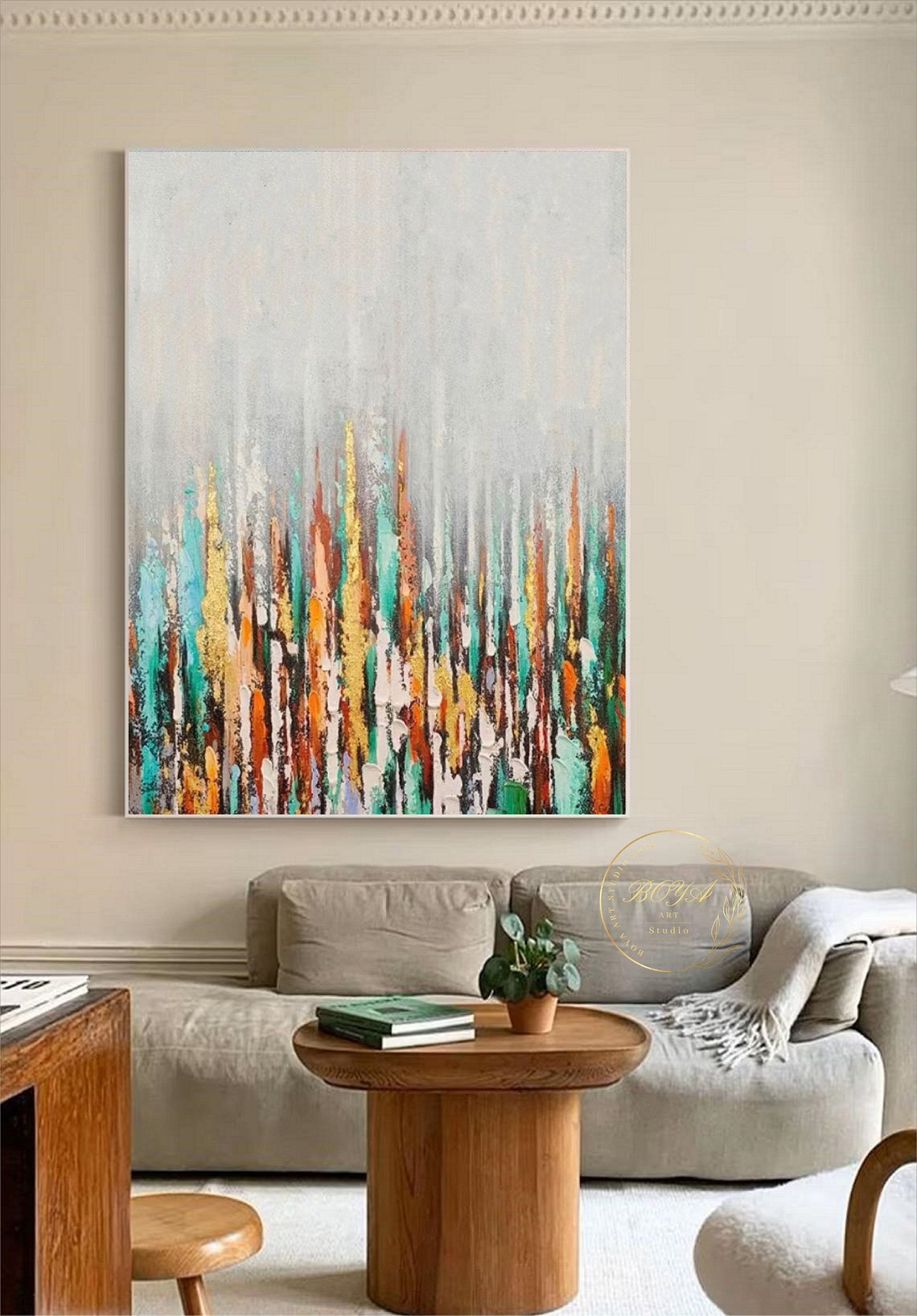 Large Colorful Abstract Art Original Beige Oil Painting Gold Abstract Painting Green Textured Art Yellow Abstract Painting Boho Painting - Image 5