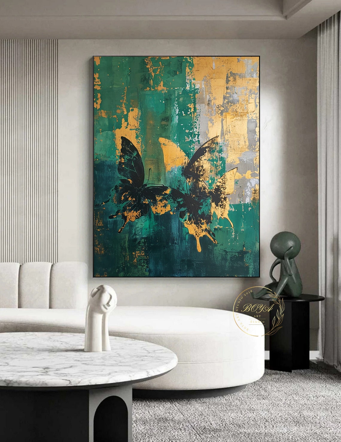 Two Black Butterflies Over Green Gold Textured Abstract Art Poster - Image 2