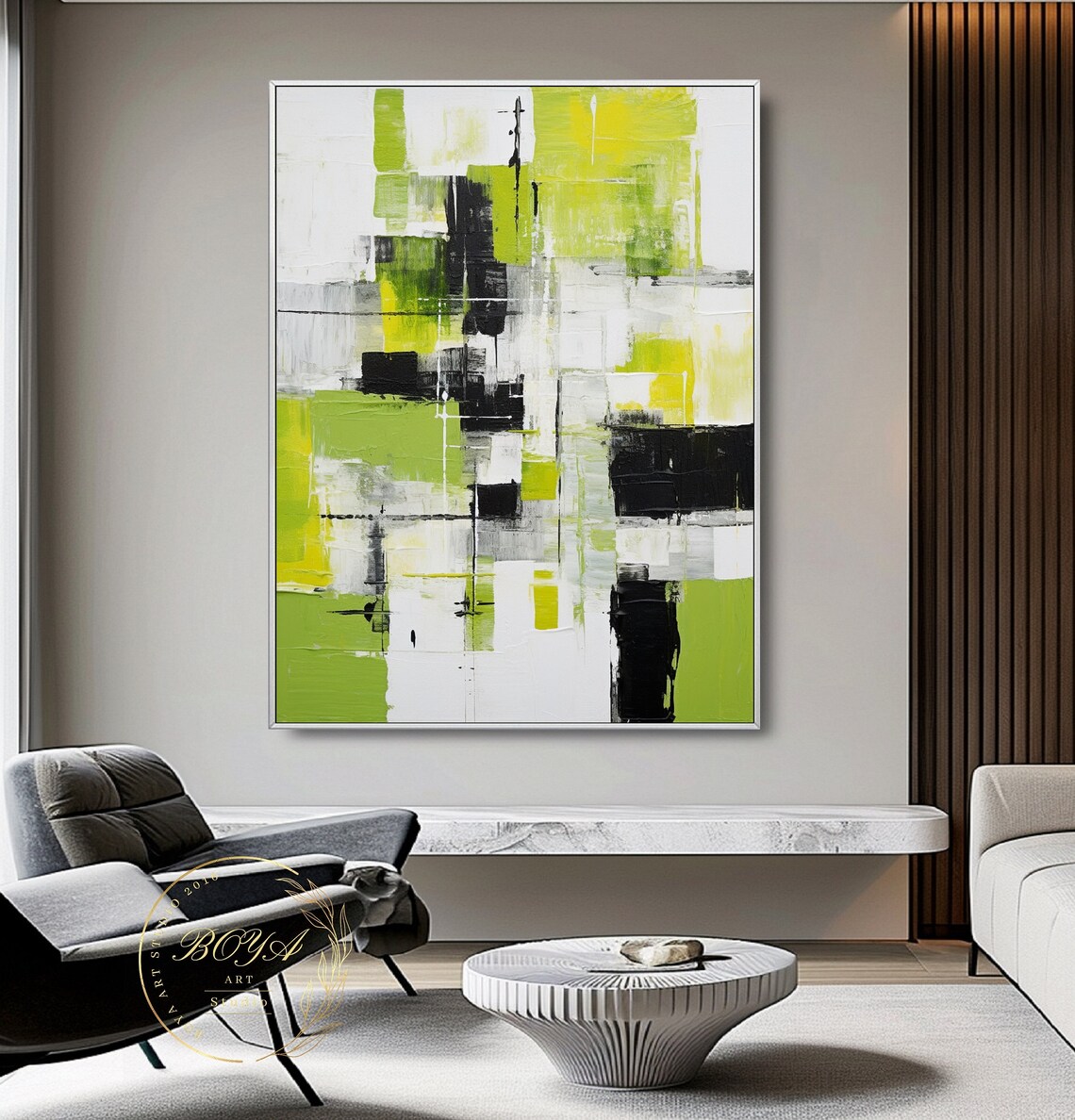 Original Green Abstract Art Lime Green Wall Painting Black Textured Art Large Green Wall Art White Painting Modern Minimalism Art - Image 2