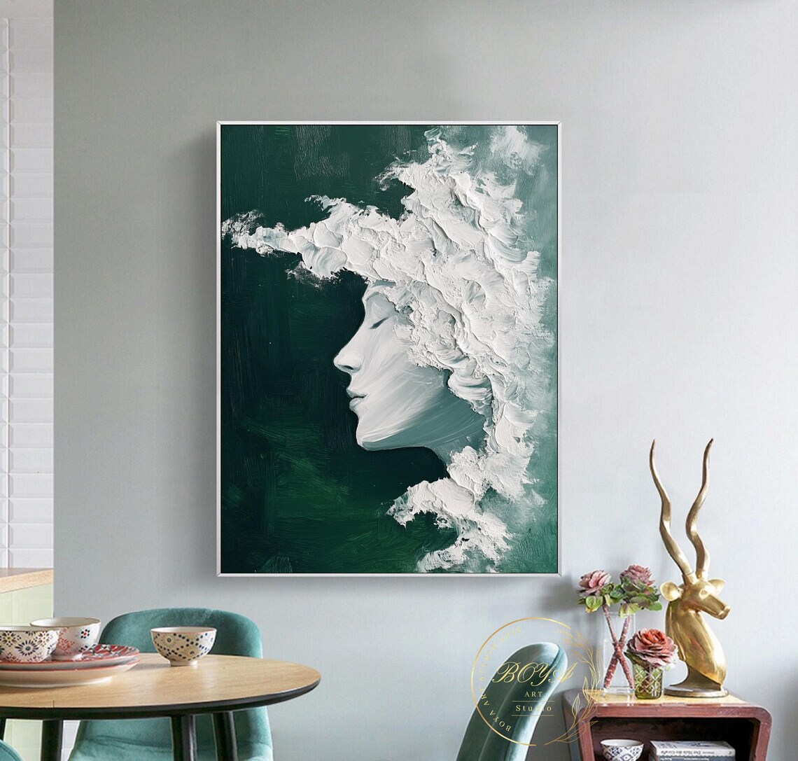 Green White Abstract Painting Large Face Wall Art Green Minimalism Painting Original Figure Wall Art White 3d Textured Art Portrait Painting - Image 3