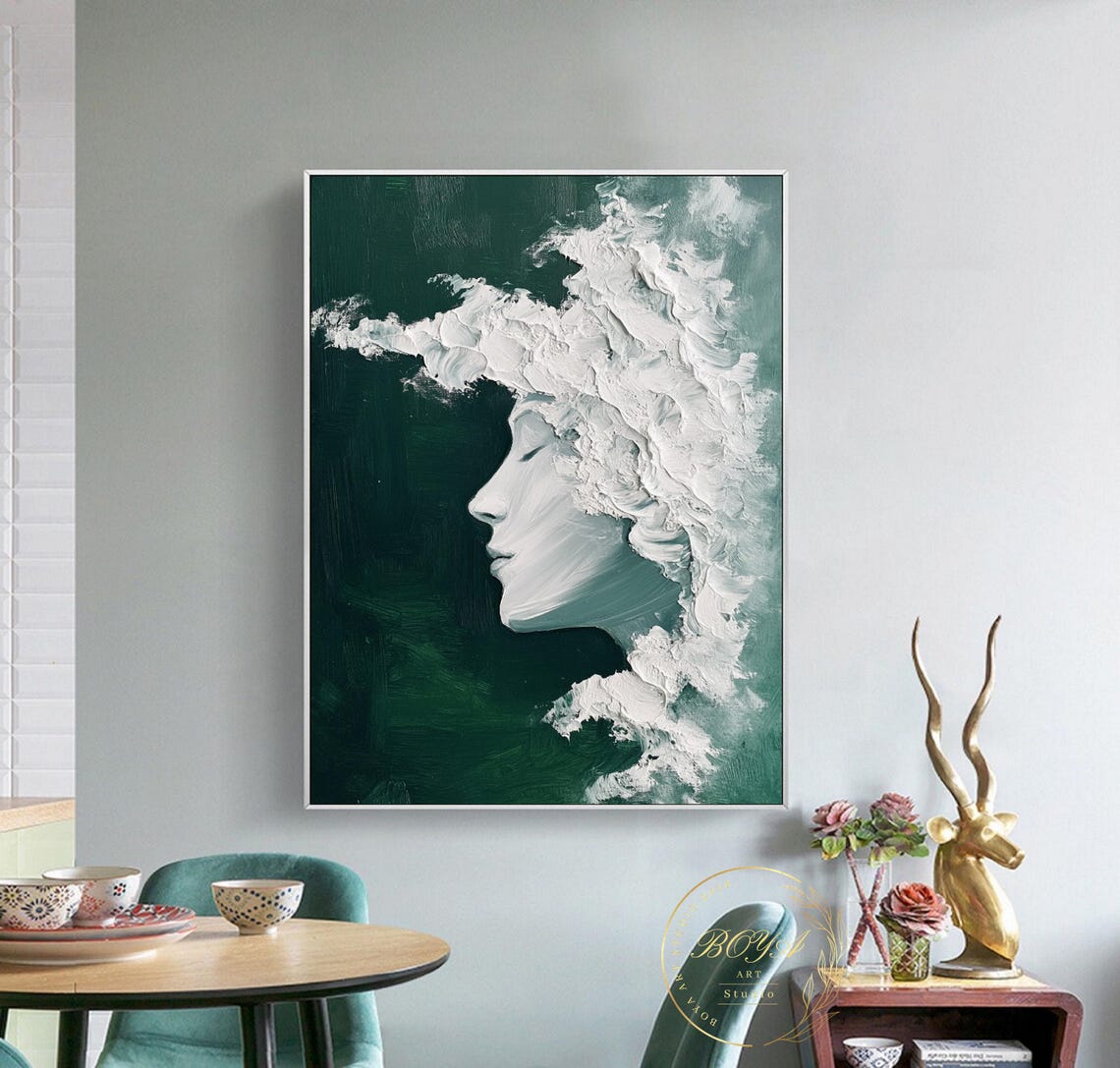 Serene Flowing White Impasto Hair Portrait on Deep Green Poster - Image 3