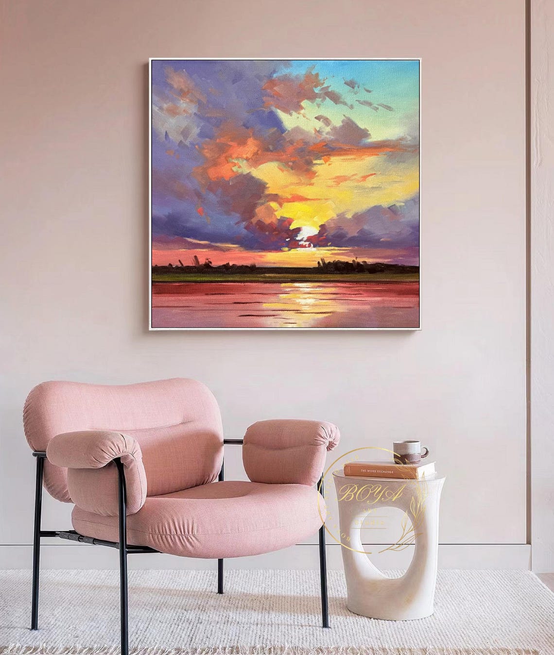 Vivid Purple and Orange Sunset Clouds Over Still Water Poster - Image 2