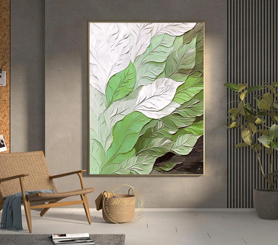 Sculptural White and Green Textured Leaves Botanical Wall Art - Image 3