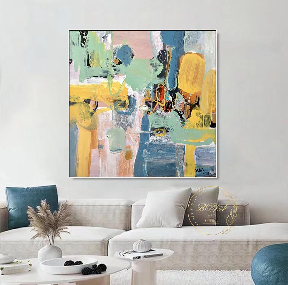 Bold Yellow Blue Green Gestural Brushstrokes Abstract Art Poster - Image 2