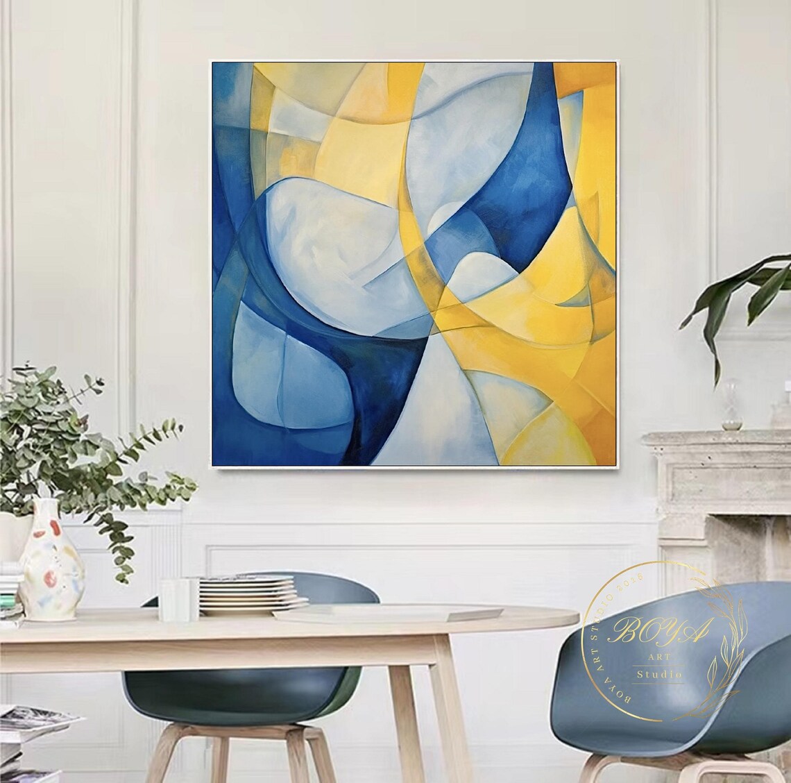 Flowing Curved Blue and Yellow Ribbon Abstract Painting Poster - Image 5