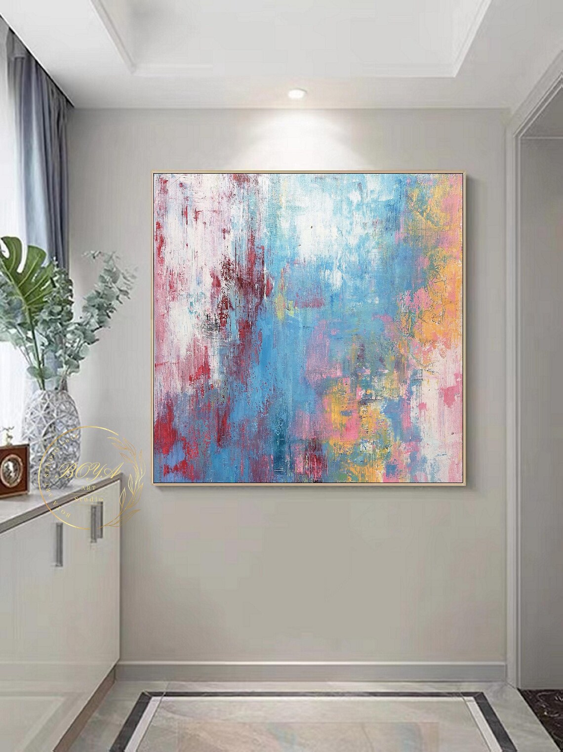 Blue Pink and Gold Textured Strokes Abstract Painting Poster - Image 2