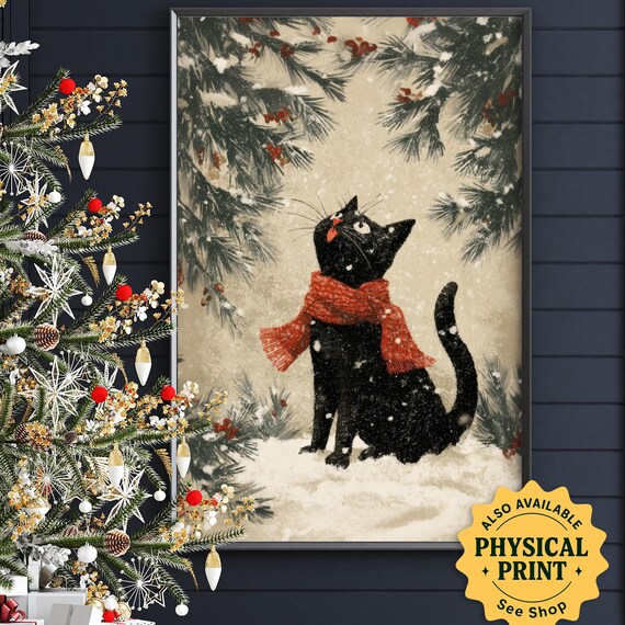 Black Cat Christmas Print, Cozy Winter Holiday Art