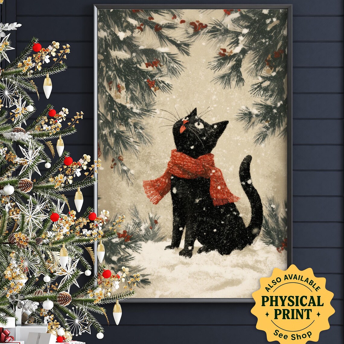 Black Cat Christmas Print, Cozy Winter Holiday Art