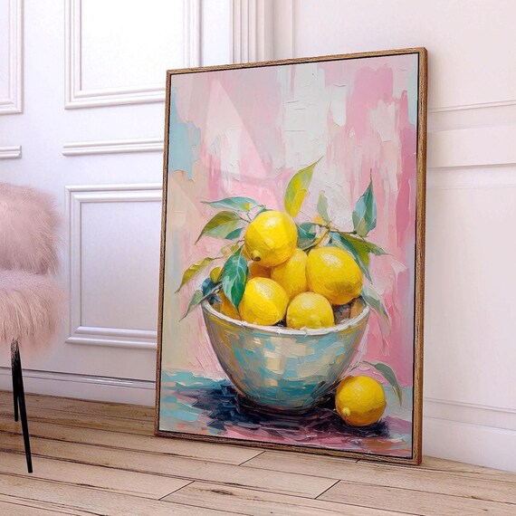 Lemon Bowl Impasto Oil Painting Pink Kitchen Citrus Art Print