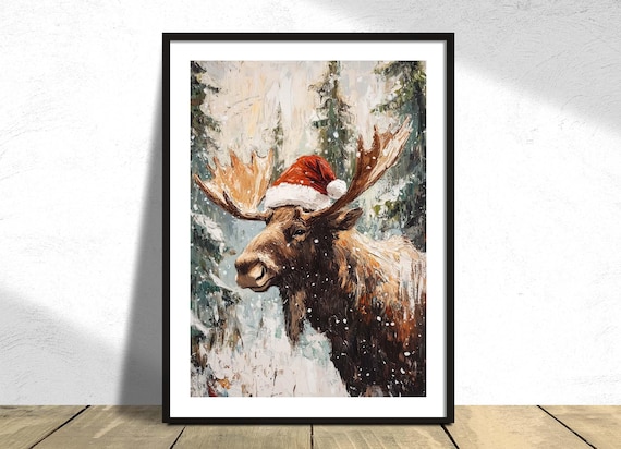 Handsome Moose Wearing a Santa Hat in Snowy Winter Forest Poster