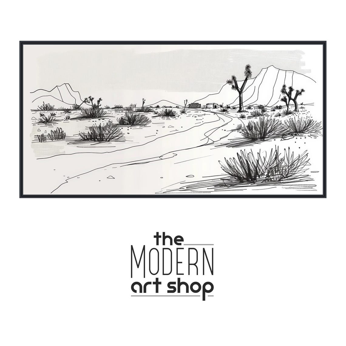 Black White Desert Sketch Joshua Tree Mountain Ink Drawing Wall Poster - Image 4