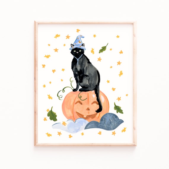 Black Witch Cat Halloween Art Print