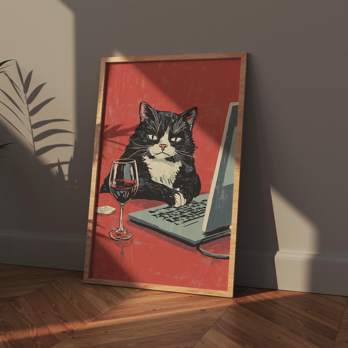 Grumpy Black Cat With Laptop and Red Wine Funny Animal Art Poster