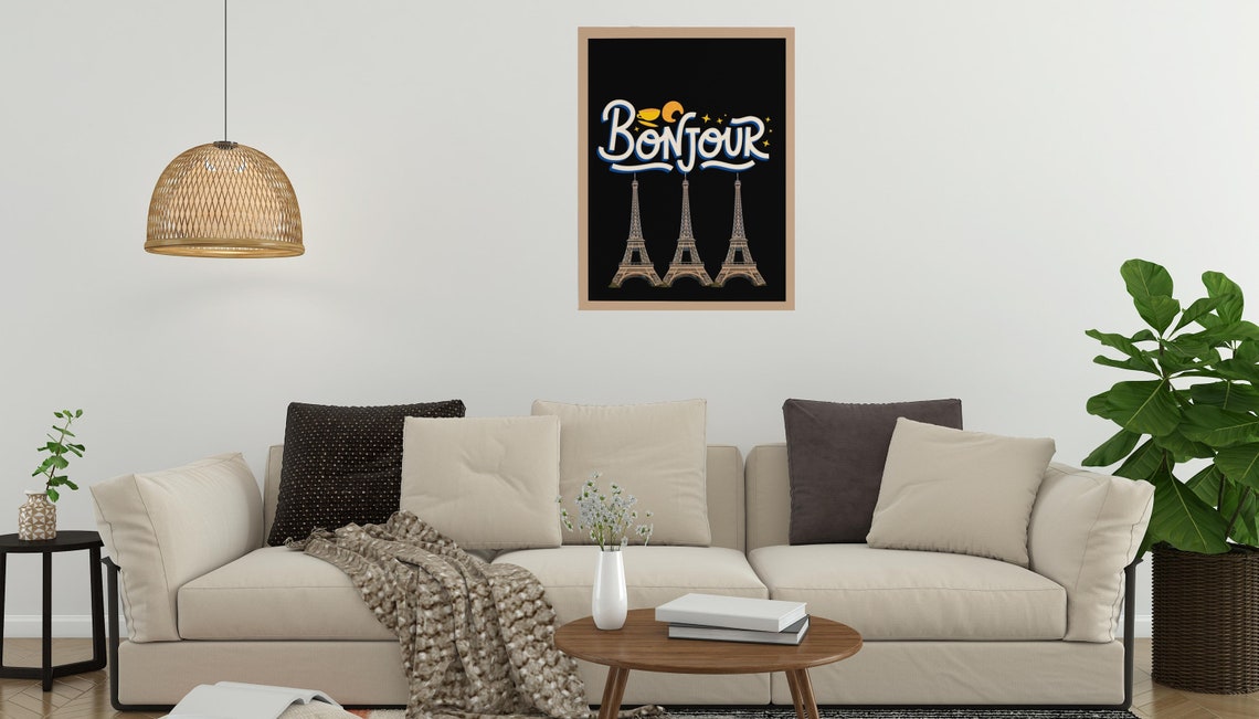 Bonjour Paris Colorful Eiffel Tower Trio Typography on Black Poster - Image 3
