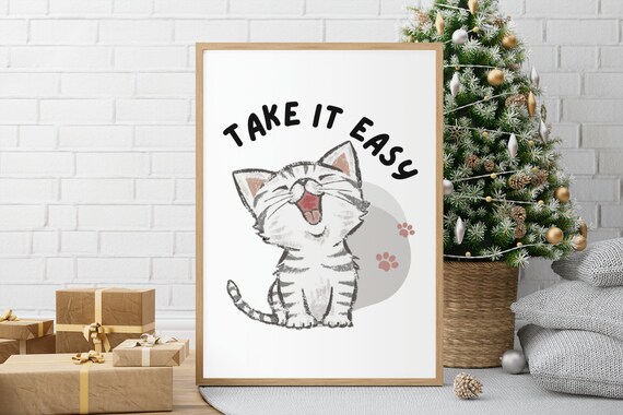 Take It Easy Happy Tabby Cat Illustration Nursery Kids Wall Decor Poster