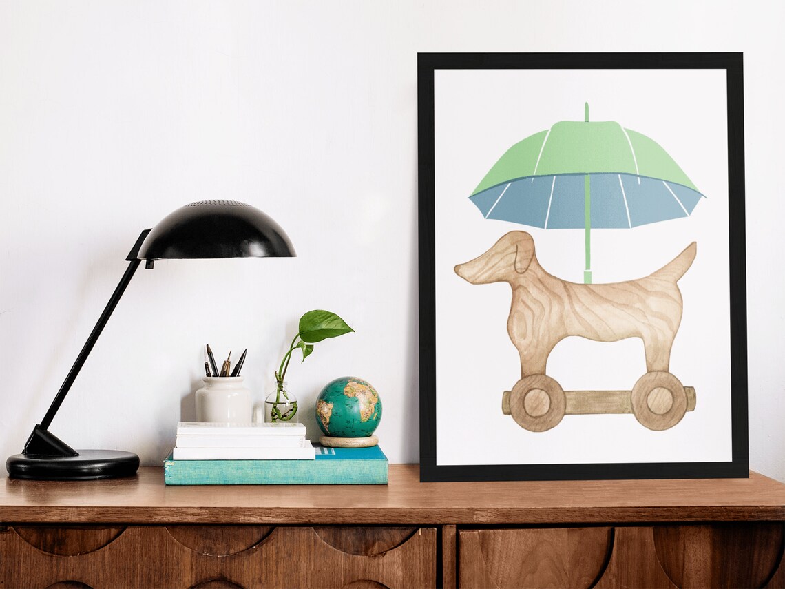 Sweet Wooden Toy Dog Umbrella Watercolor Nursery Kids Room Poster - Image 4