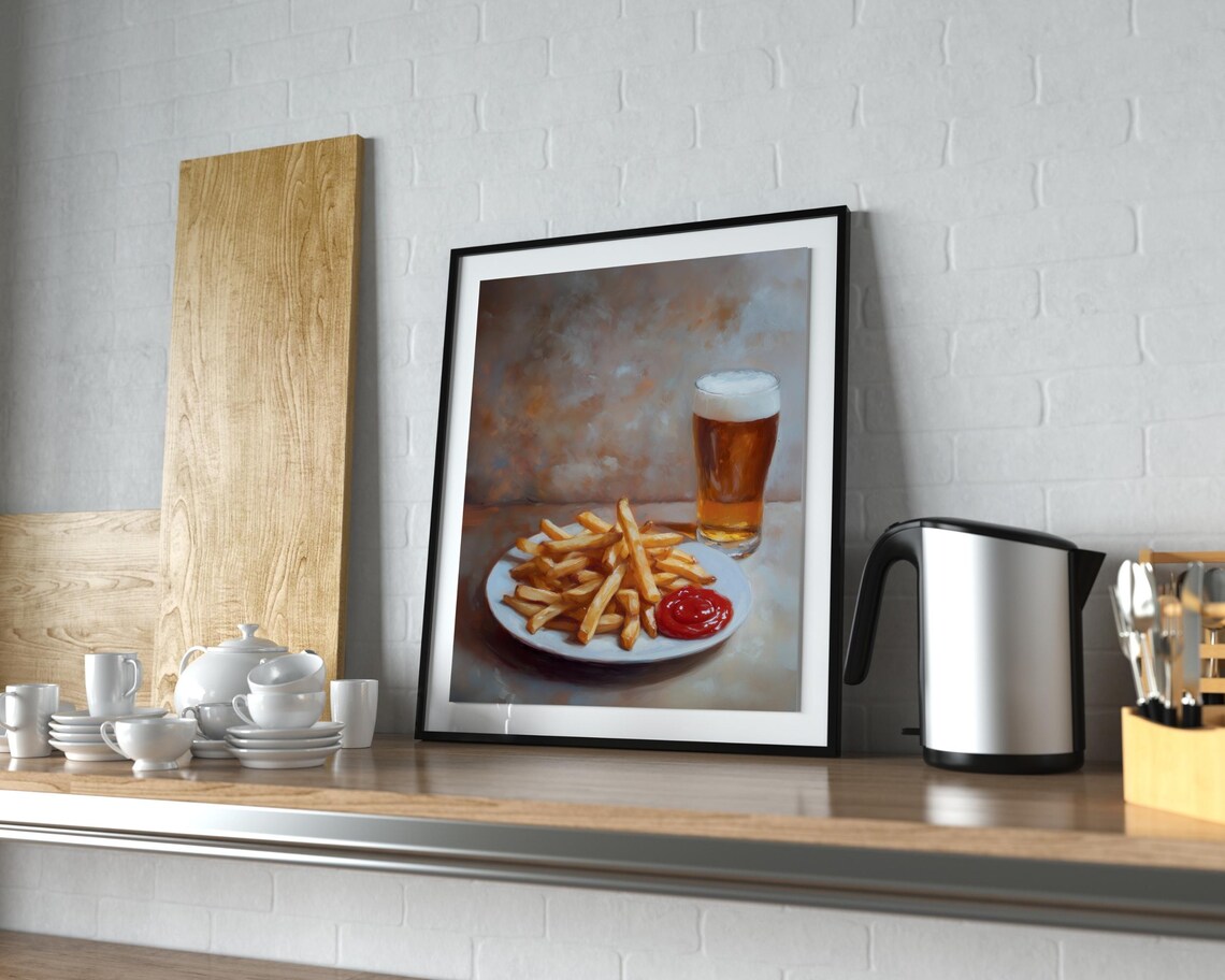 French Fries Beer Ketchup Oil Painting Style Food Still Life Poster - Image 6