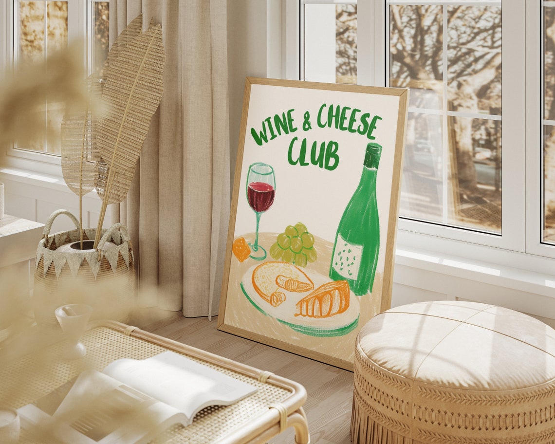 Wine and Cheese Club Green Illustration Kitchen Dining Art Poster - Image 6