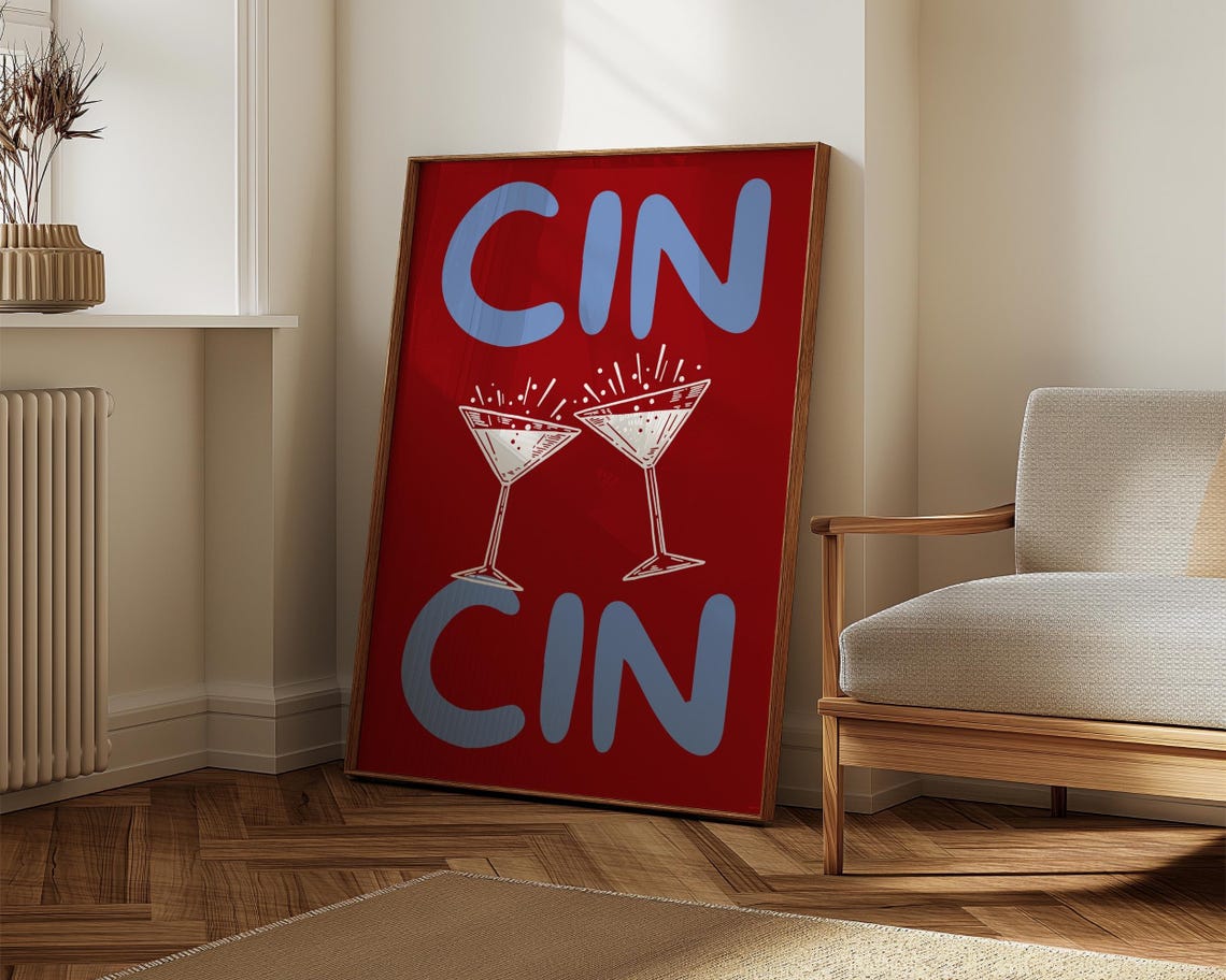 Cin Cin Red Martini Glasses Bold Retro Cocktail Bar Art Poster - Image 5