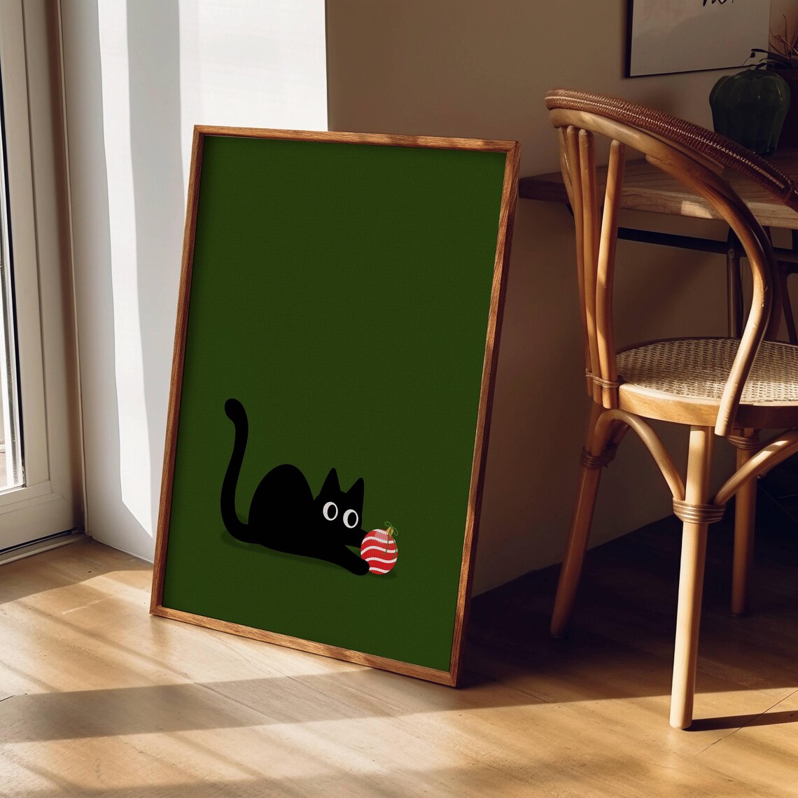 Christmas Cat Black Cat Plays Ornament Green Funny Holiday Poster - Image 4