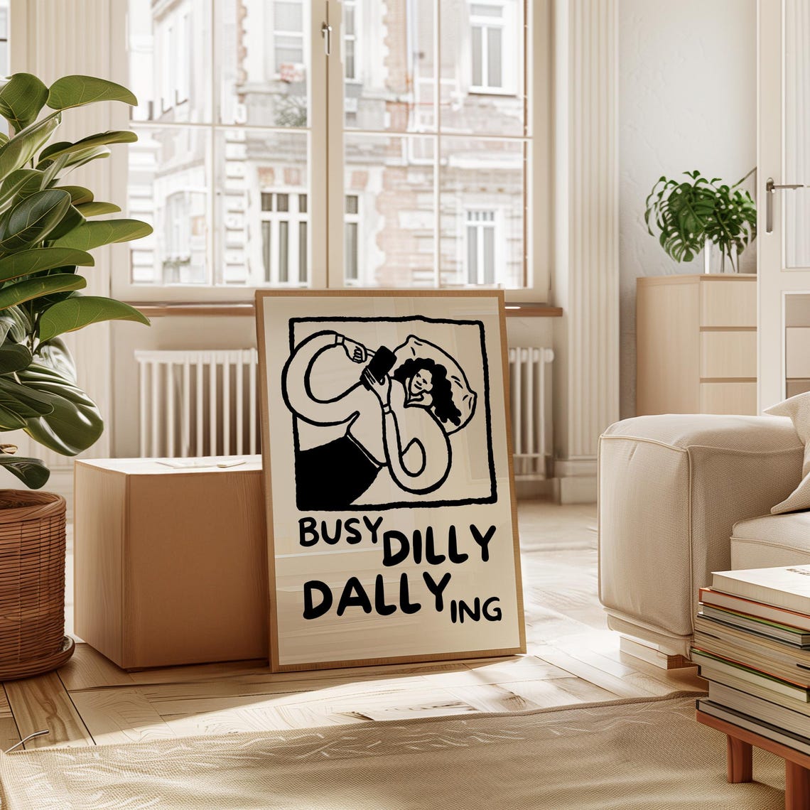 Busy Dilly Dallying Funny Lazy Day Bed Rest Line Drawing Poster - Image 4