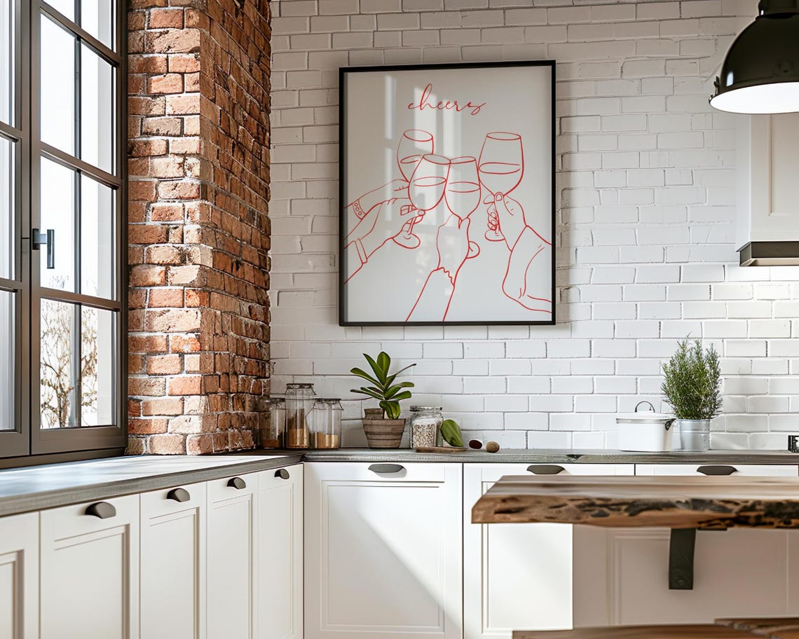 Cheers Wine Glasses Red Line Art Minimalist Kitchen Bar Poster - Image 2