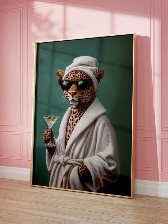 Leopard With Art Print Maximalist Painting Decor Cheetah Wall Cocktail Bar Cart Trendy Dopamine
