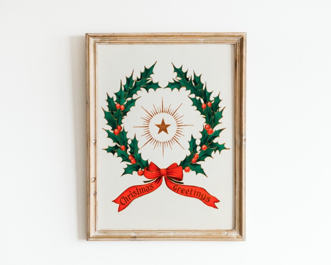 Christmas Greetings Vintage Holly Wreath Red Bow Holiday Poster - Image 3