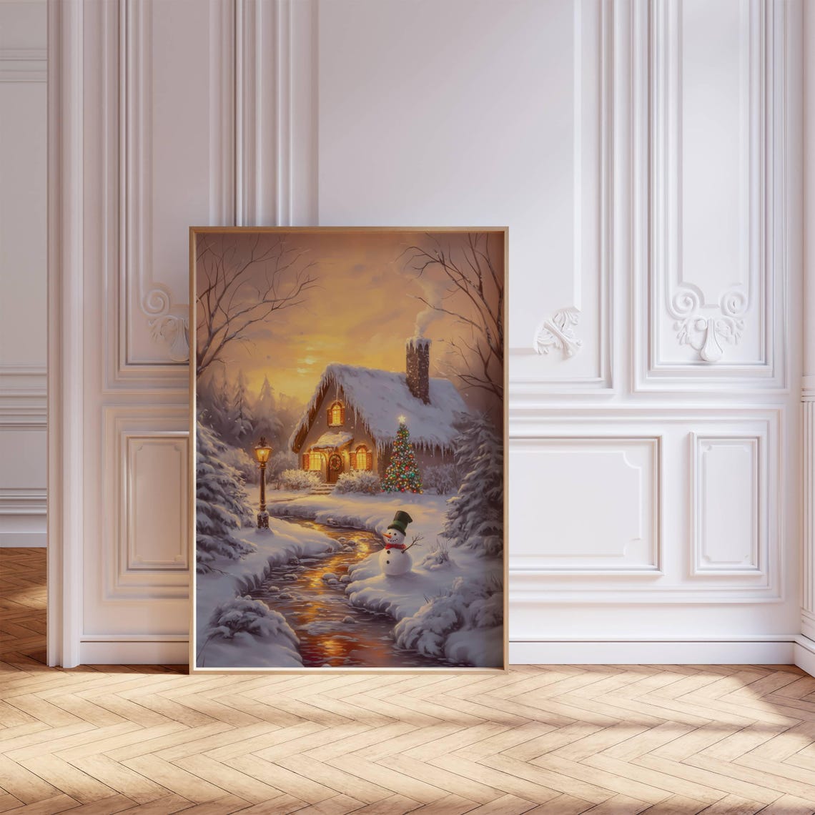 Snowy Christmas Cabin Winter Sunset Snowman Cozy Holiday Art Poster - Image 7