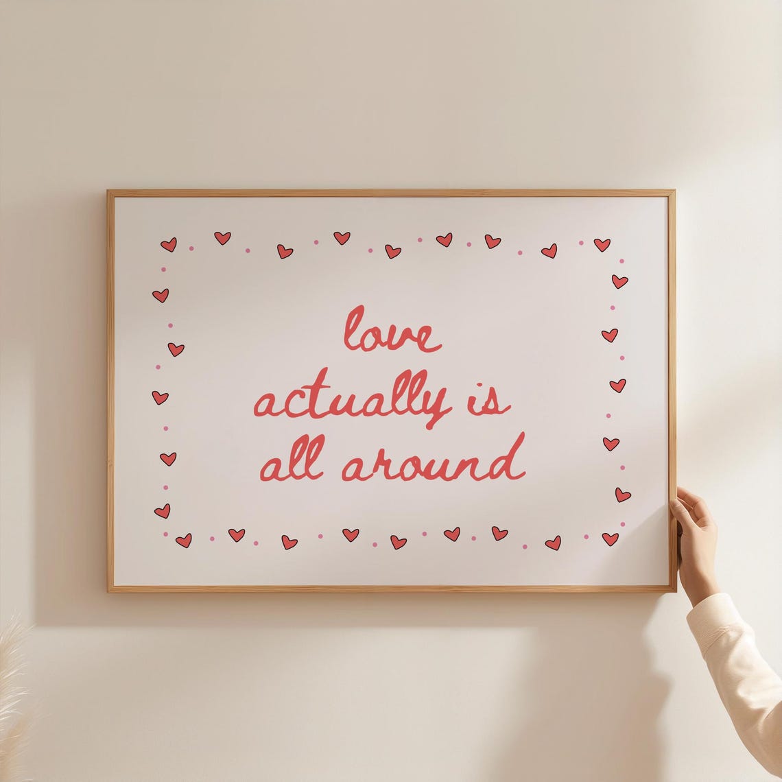Love Actually Is All Around Script Hearts Red Romantic Quote Poster