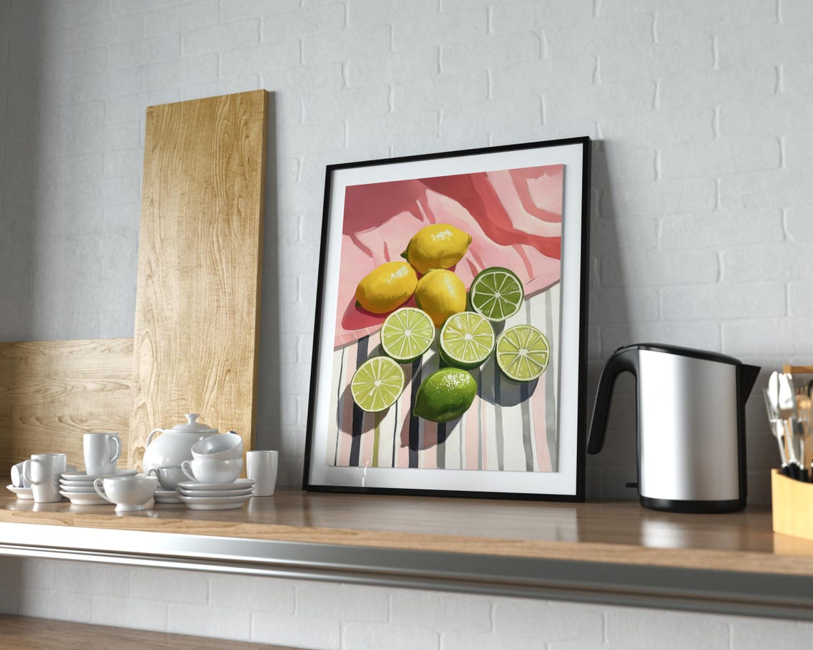 Lemons Limes Still Life Striped Cloth Kitchen Fruit Art Poster - Image 5