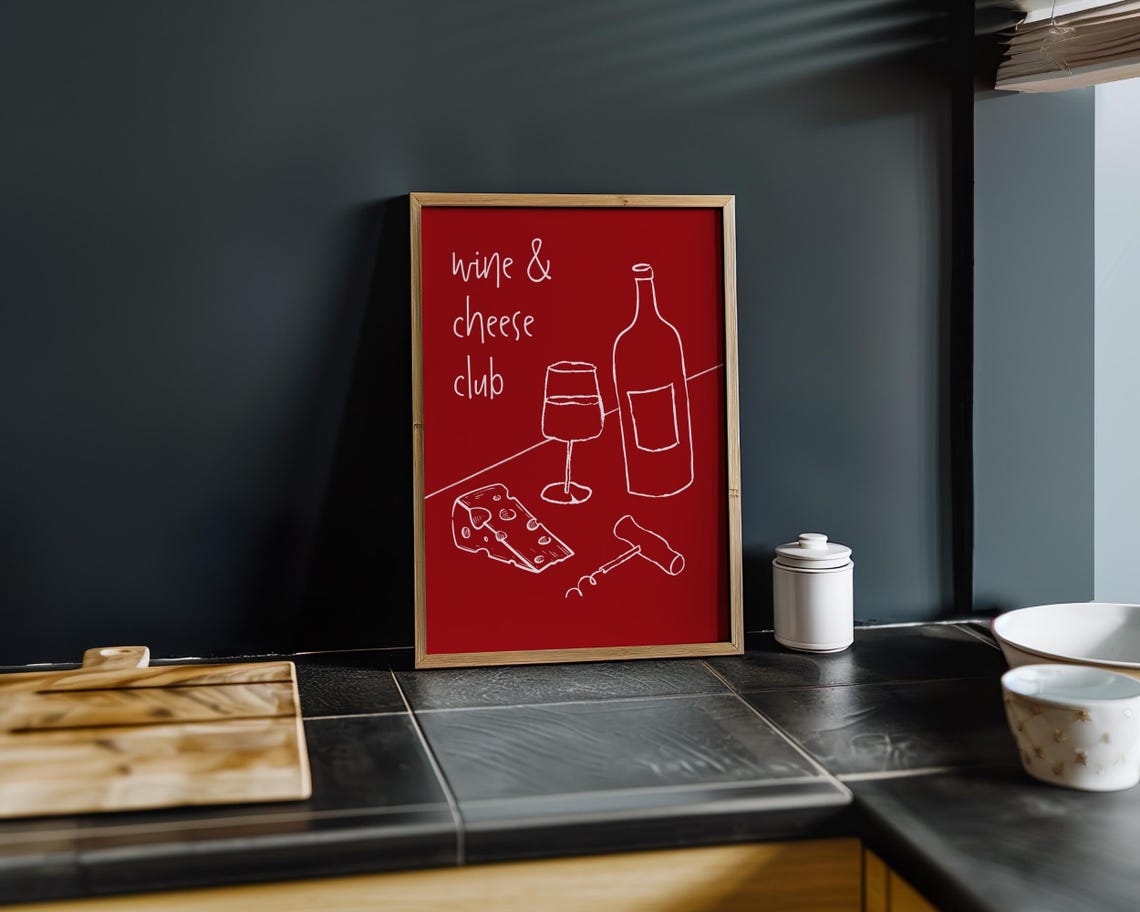 Wine and Cheese Club Red Line Art Minimalist Modern Kitchen Poster - Image 7