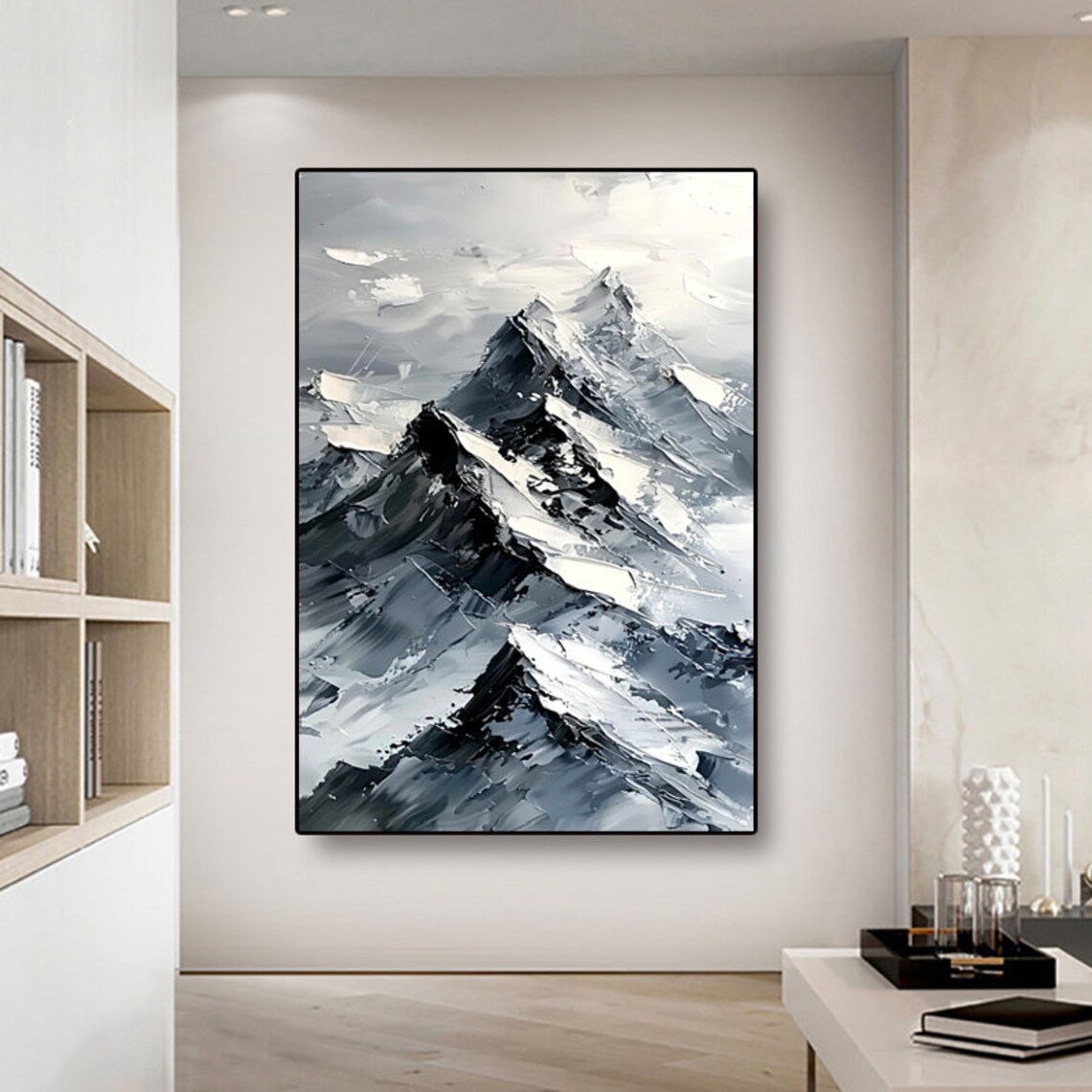 Black And White Snowy Mountain Peak Vertical Painting Poster - Image 6