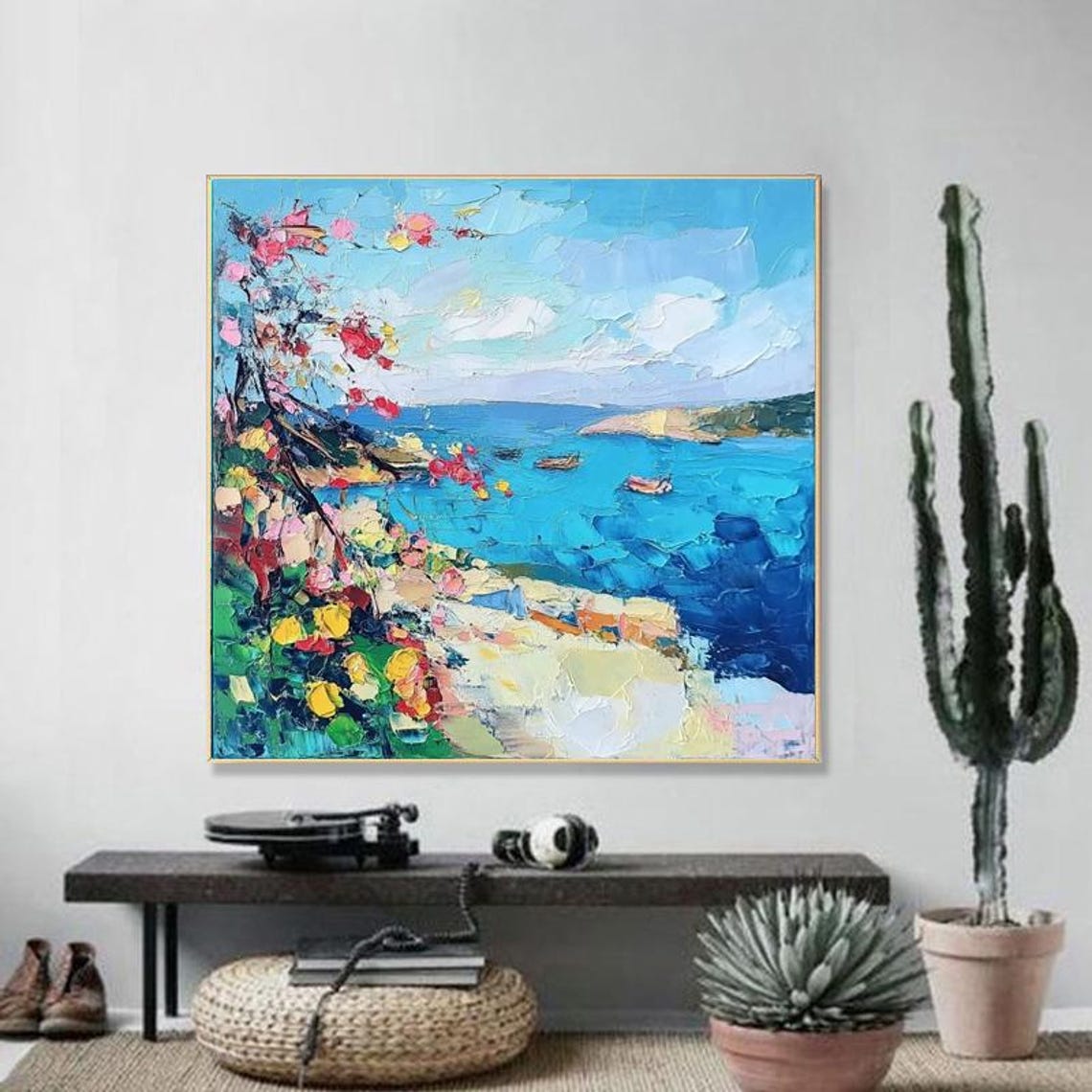 Mediterranean Coast With Blue Sea Flowering Tree Scene Painting Poster