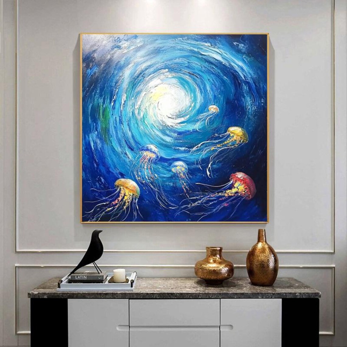 Ocean Whirlpool Jellyfish Swirl Blue Abstract Painting Poster - Image 3