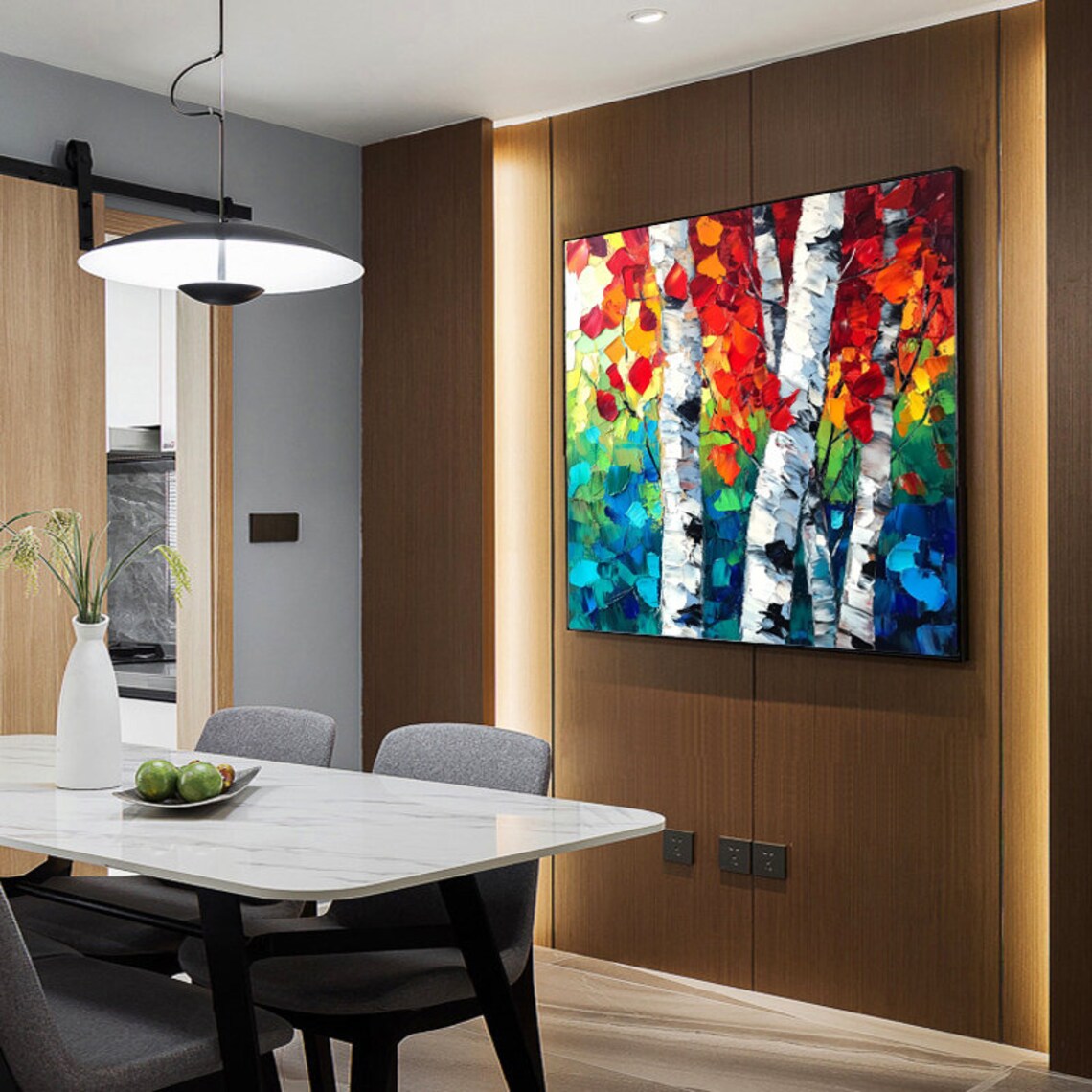 Colorful Autumn Birch Trees Thick Impasto Hand Painted Oil Art Poster - Image 3