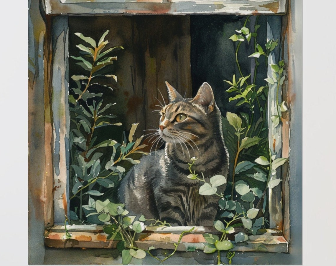 Tabby Cat Sitting in a Rustic Window Among Lush Green Plants Poster
