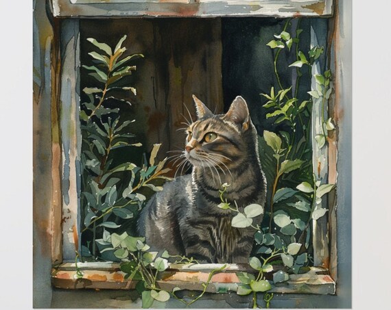 Tabby Cat Sitting in a Rustic Window Among Lush Green Plants Poster