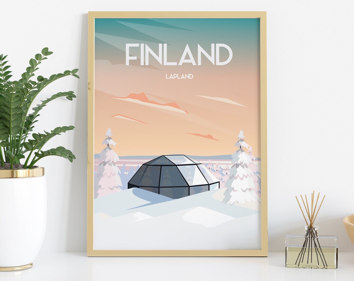 Finland Lapland Glass Igloo Snowy Pines Sunset Travel Poster