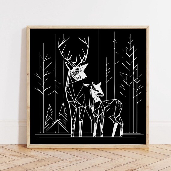 Geometric Art Of Two Deers Standing In Dark Nordic Forest I Black White Abstract Square Animal Wall Art Poster Of Mother And Baby Deer