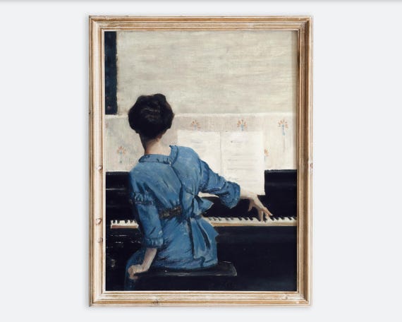 Vintage Rustic Girl In Blue Playing Piano Portrait Painting Wall Art Print Antique Sitting Woman Poster Moody Dark Neutral Farmhouse Vp378