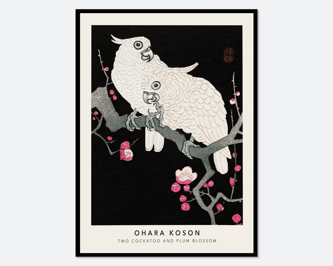 Ohara Koson Two Cockatoo Plum Blossom Vintage Japanese Woodblock Poster Wall Art Print Retro Japanese Asian Art Animal Decor Jp42