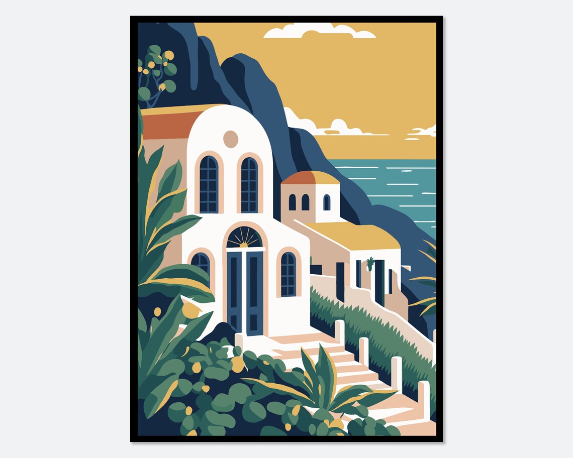 Santorini Domes And Plants, Boho Travel Poster