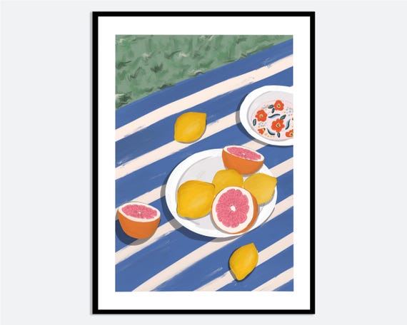 Grapefruit Lemon Picnic Wall Art Print Contemporary Hand Drawn Fruit Illustration Blue Striped Kitchen Summer Poster Ma42