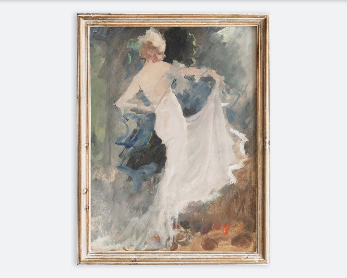 European Vintage Dancer Woman In White Dress Portrait Painting Wall Art Print Antique Dancing Girl Poster Moody Farmhouse Figure Vp438