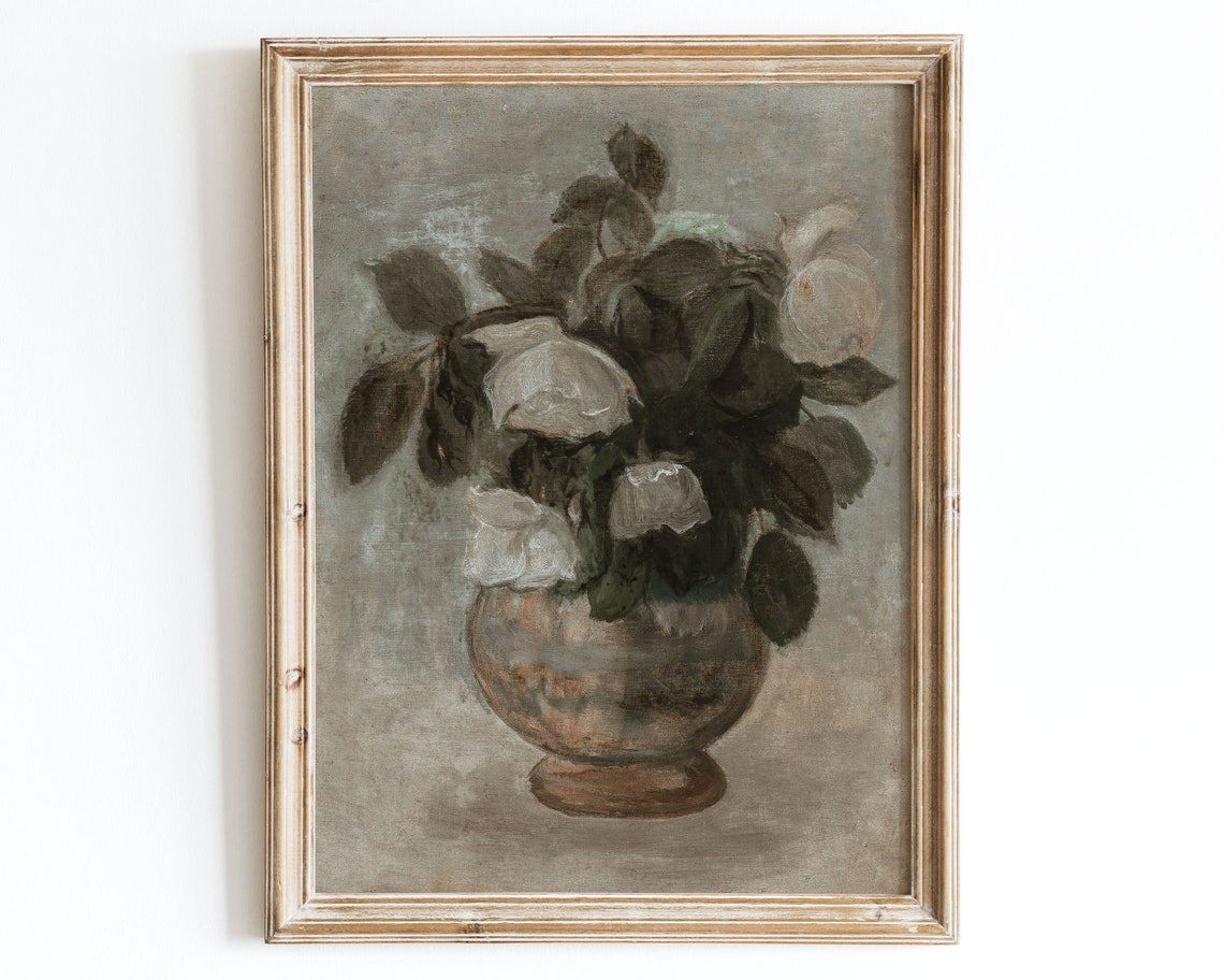 European Vintage Flowers In Vase Art Print Rustic Vintage Oil Painting Neutral Poster Tadeusz Makowski White Roses Famous Painting Vp08